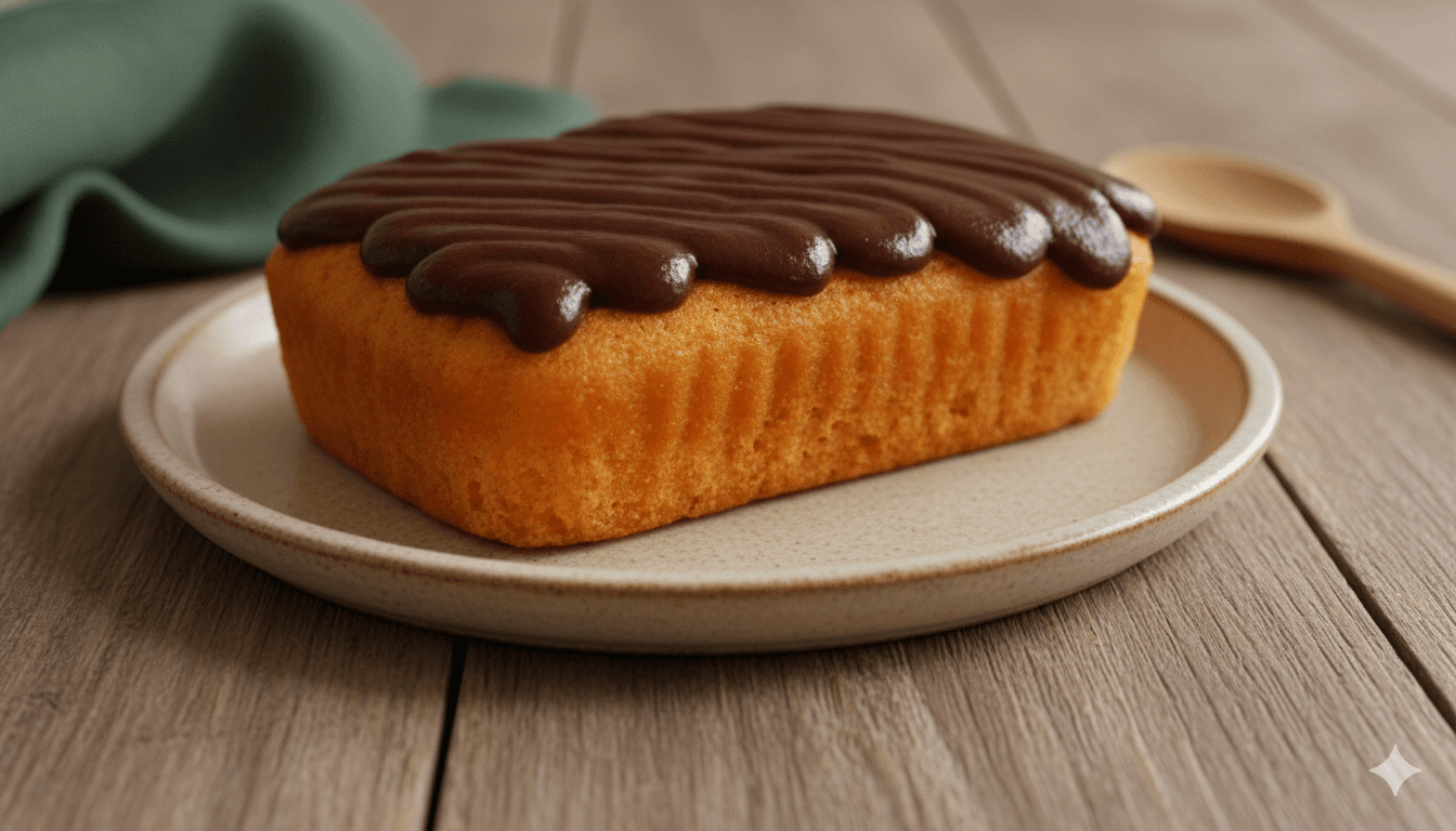 Bolo de cenoura com cobertura de brigadeiro em prato claro sobre madeira